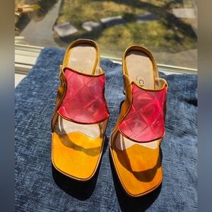 CHANEL Patent Leather Heels Vintage Women's Sandals Gold and Pink Size 36 1/2